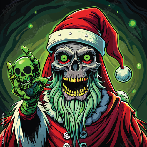 Evil Santa Skull with Glowing Eyes - Horror Christmas Vector Illustration