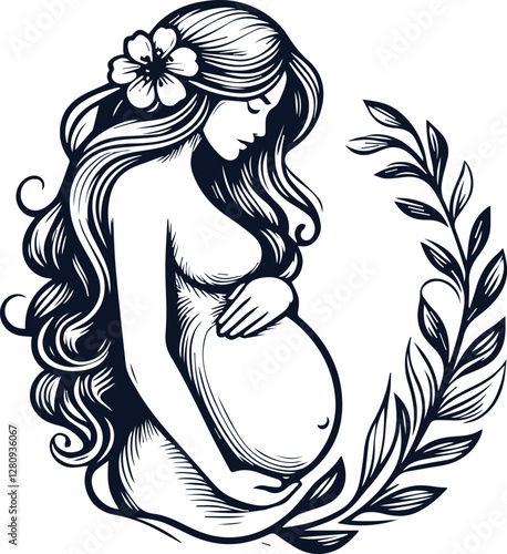 Cute Pregnant Mom With Baby Bump Hand Drawn Vector On White Background