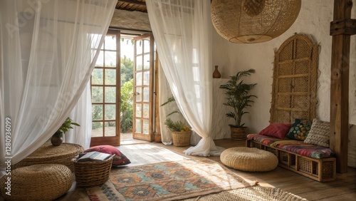 Cozy and Inviting Bohemian Inspired Interior Space with Rustic Furnishings Plush Textiles and Natural Accents for a Warm and Calming Atmosphere photo