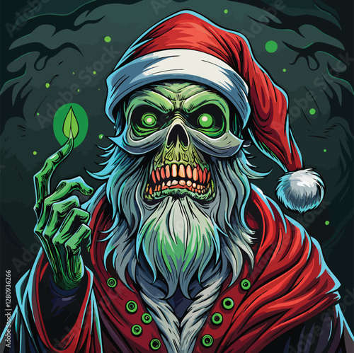 Evil Santa Skull with Glowing Eyes - Horror Christmas Vector Illustration