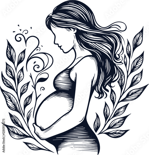 Cute Pregnant Mom With Baby Bump Hand Drawn Vector On White Background