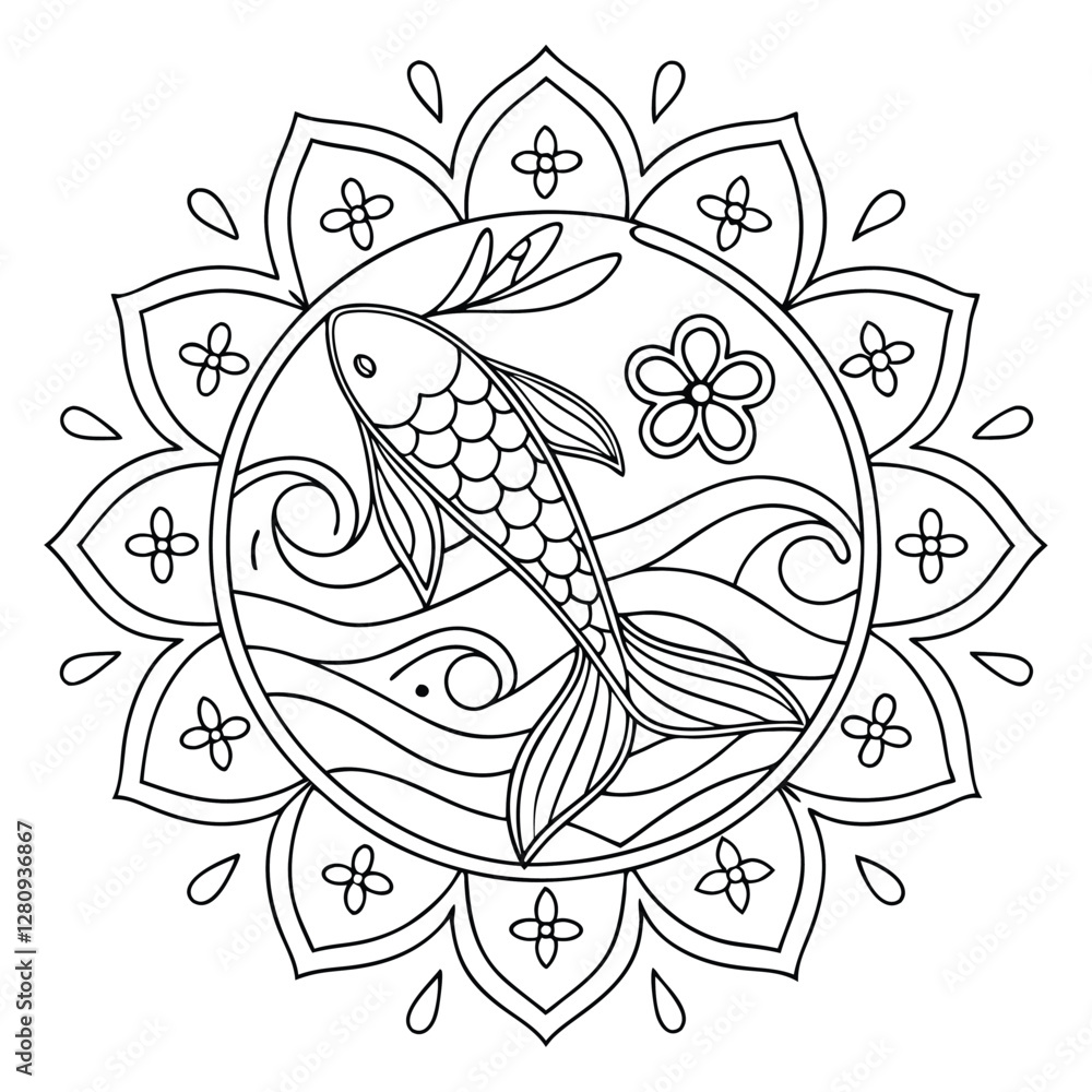 Obraz premium Koi Fish Mandala Coloring Page: Intricate Asian Art Design for Relaxation & Creativity, Detailed Floral Pattern, Printable Zen Art Therapy