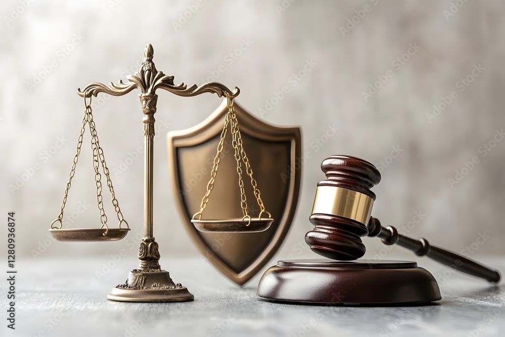 Photo of a gavel and scales next to an abstract shield with a checkmark on a light background, representing the concept of legal protection, Generative AI Photo of a gavel and scales next to an abstract shield with a checkmark on a light background, representing the concept of legal protection, Generative AI