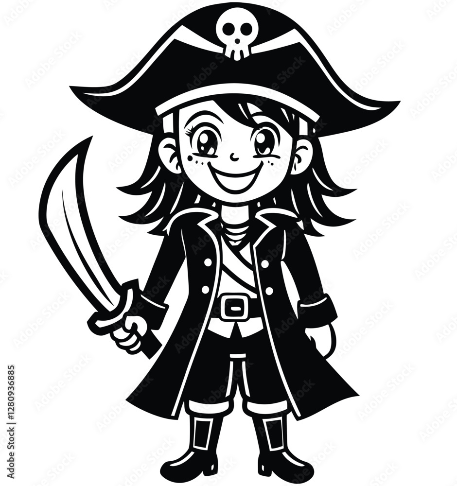 Cute Cartoon Pirate Girl with Sword – Black and White Vector Illustration Cute Cartoon Pirate Girl with Sword – Black and White Vector Illustration