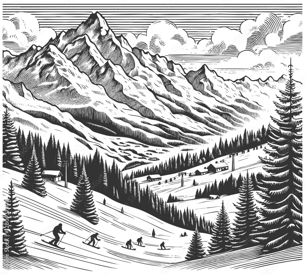 Fototapeta premium winter mountain landscape with skiers on snowy slopes, pine trees, ski lodges, towering alpine peaks sketch engraving generative ai vector illustration. Scratch board imitation. Black and white image