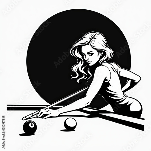 Elegant Female Pool Player Focused on Crucial Shot in Noir Style