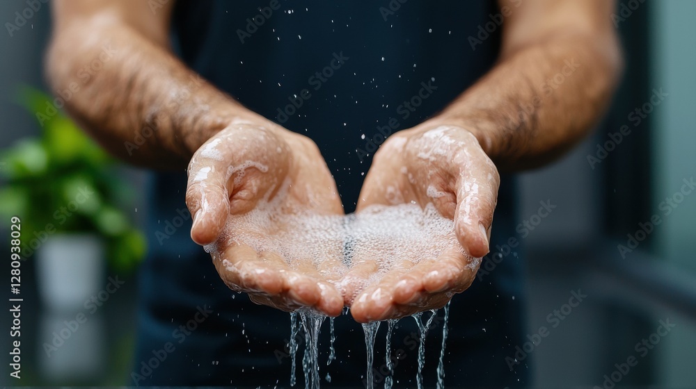 Fototapeta premium A person holds soapy water in their hands, capturing droplets as they prepare for washing or cleansing.
