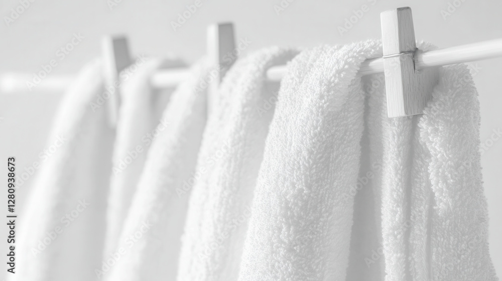 Fototapeta premium Clean and fresh white towels hanging on a line for home and spa decor