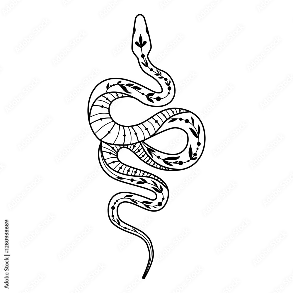 Naklejka premium A stylized silhouette of a snake showing off its elegant curves in a playful doodle style design.