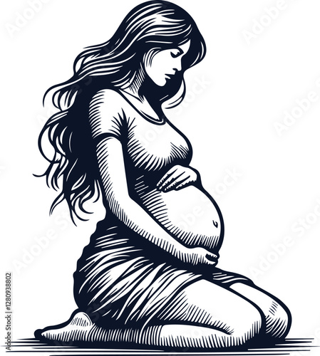 Cute Pregnant Mom With Baby Bump Hand Drawn Vector On White Background