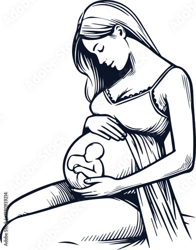 Cute Pregnant Mom With Baby Bump Hand Drawn Vector On White Background