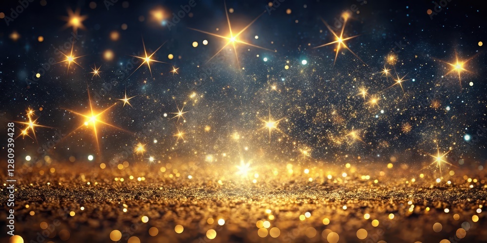 Naklejka premium Mystical night with starry sky and abstract gold sparkles scattered across a dark background, creating an ethereal atmosphere, mystical night, abstract sparkles