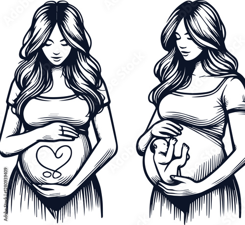 Cute Pregnant Mom With Baby Bump Hand Drawn Vector On White Background