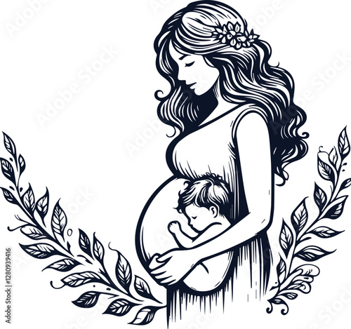 Cute Pregnant Mom With Baby Bump Hand Drawn Vector On White Background