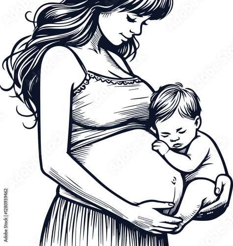 Cute Pregnant Mom With Baby Bump Hand Drawn Vector On White Background