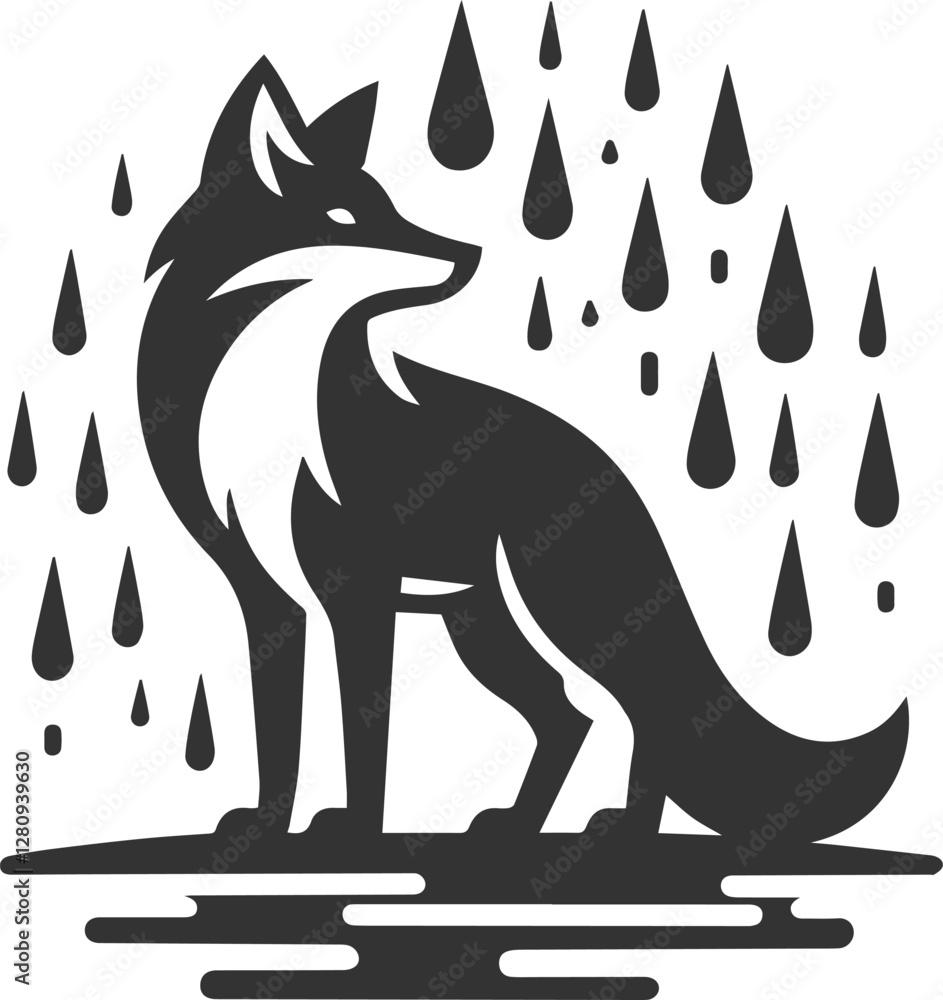Fototapeta premium A fox standing in the rain with its head tilted up animal vector silhouette