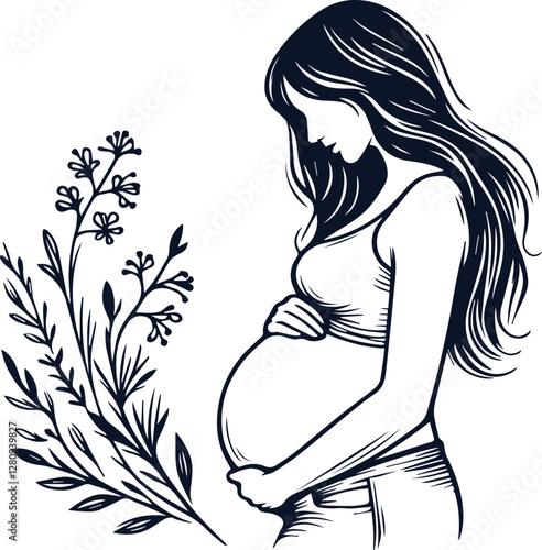 Cute Pregnant Mom With Baby Bump Hand Drawn Vector On White Background