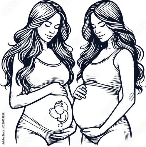 Cute Pregnant Mom With Baby Bump Hand Drawn Vector On White Background