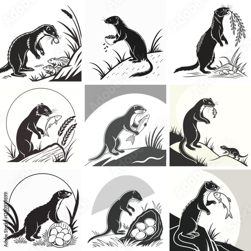 Vintage Weasel Illustrations: Set of 9 Black and White Wildlife Drawings of Stoats with Fish, Eggs, and Prey - Vector Art Prints Collection