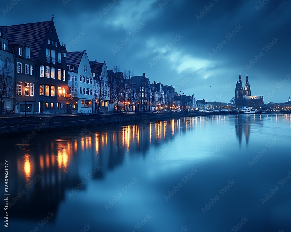 Obraz premium Dusk riverside town, cathedral, reflection