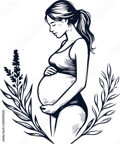 Cute Pregnant Mom With Baby Bump Hand Drawn Vector On White Background