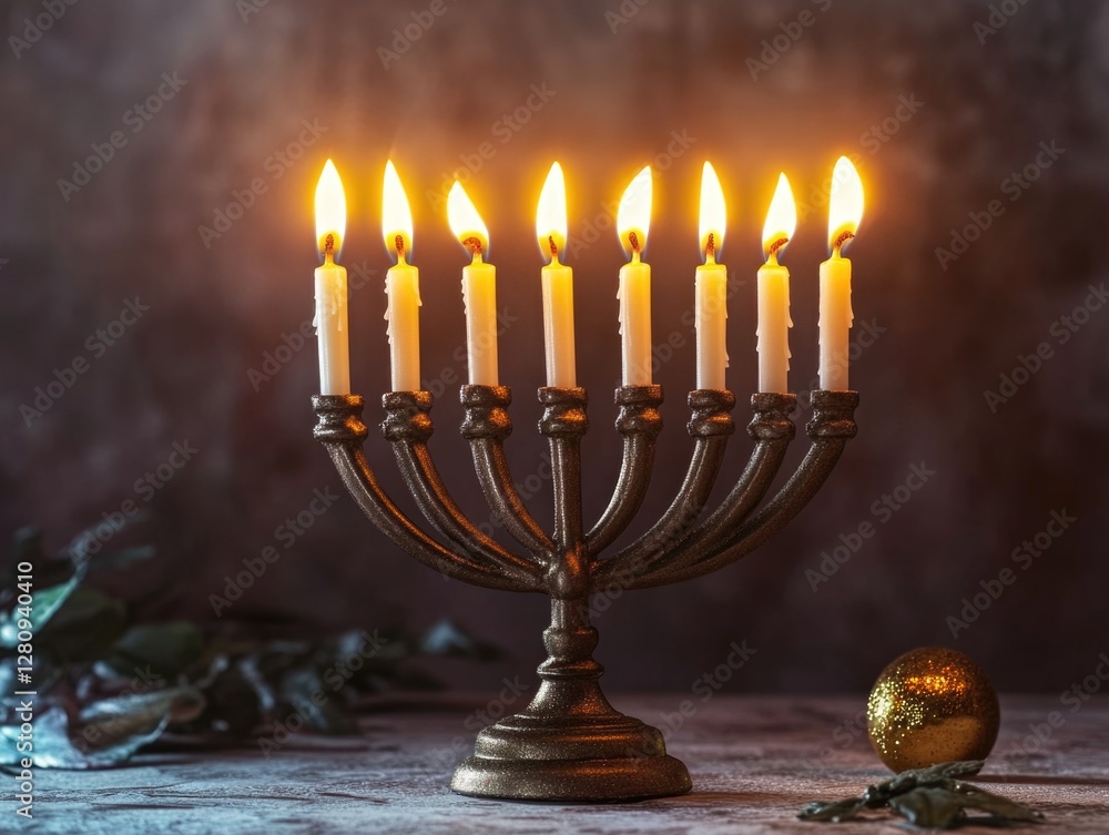 An ornate Hanukkah candelabra with lit candles, symbolizing the Festival of Lights in Judaism. The traditional eight-day celebration includes lighting the menorah and enjoying latkes. An ornate Hanukkah candelabra with lit candles, symbolizing the Festival of Lights in Judaism. The traditional eight-day celebration includes lighting the menorah and enjoying latkes.