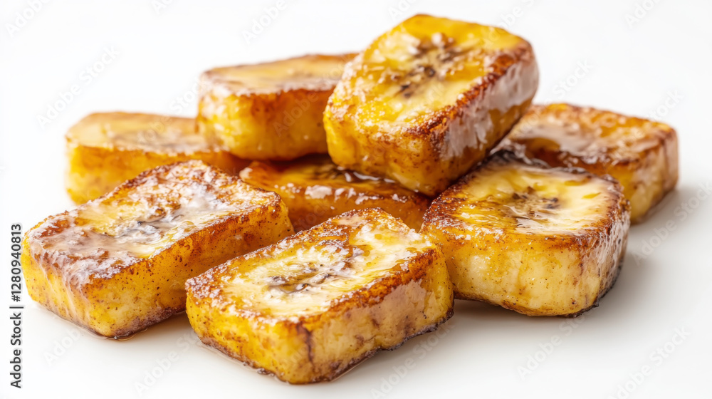 Delicious french toast with caramelized banana topping close-up for breakfast inspiration Delicious french toast with caramelized banana topping close-up for breakfast inspiration