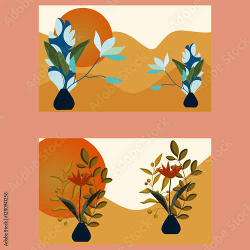 Modern Botanical Vase Illustration Artistic Flat Style Background