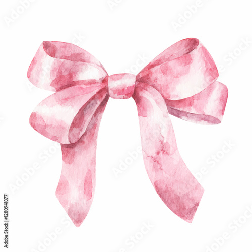 Pink tied bow. Vector pink ribbon decoration, hair accessories in watercolor style. Hand-drawn silk bow on white background. 