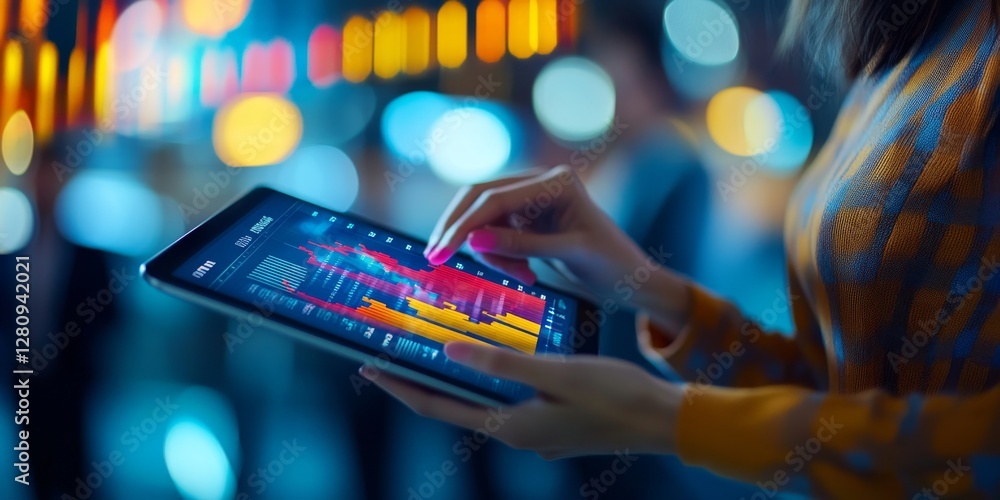 Businesswoman analyzing financial charts on tablet in office at night Businesswoman analyzing financial charts on tablet in office at night