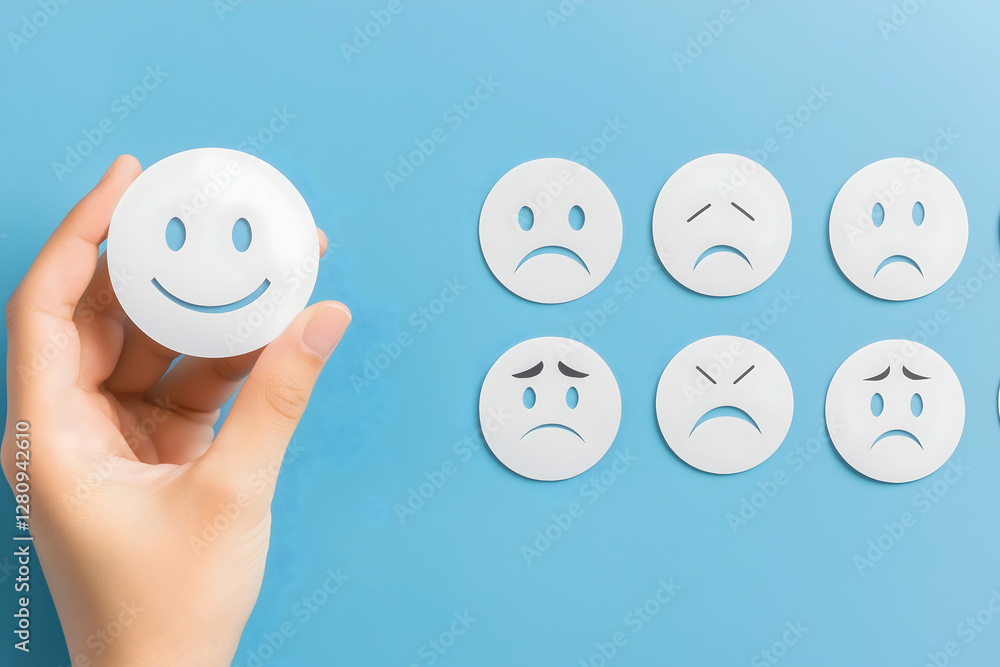 A hand holds a smiling face sticker among various emotive face stickers displaying happiness and sadness against a blue background. A hand holds a smiling face sticker among various emotive face stickers displaying happiness and sadness against a blue background.