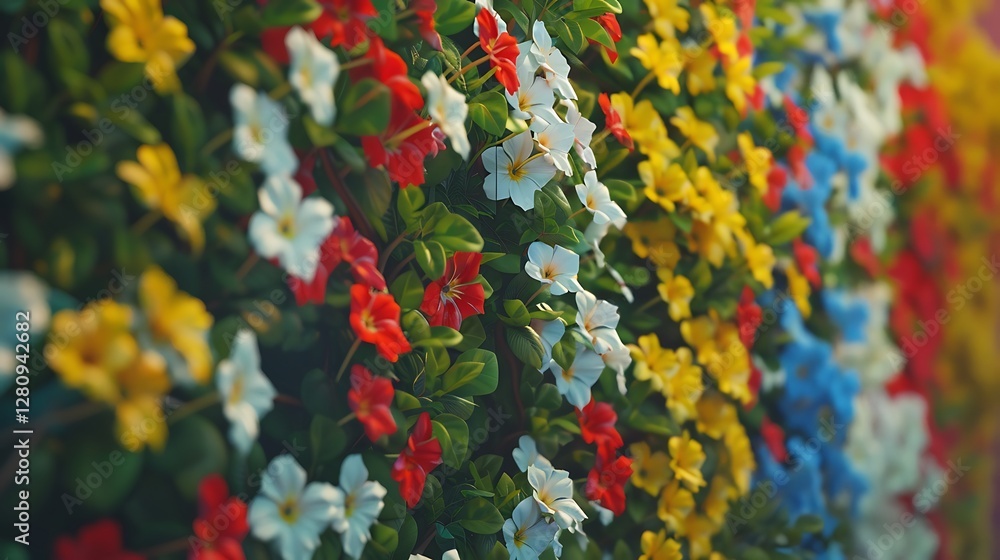 Lush wall covered with vibrant red, white, blue, and yellow flowers, captured with HD realism Lush wall covered with vibrant red, white, blue, and yellow flowers, captured with HD realism