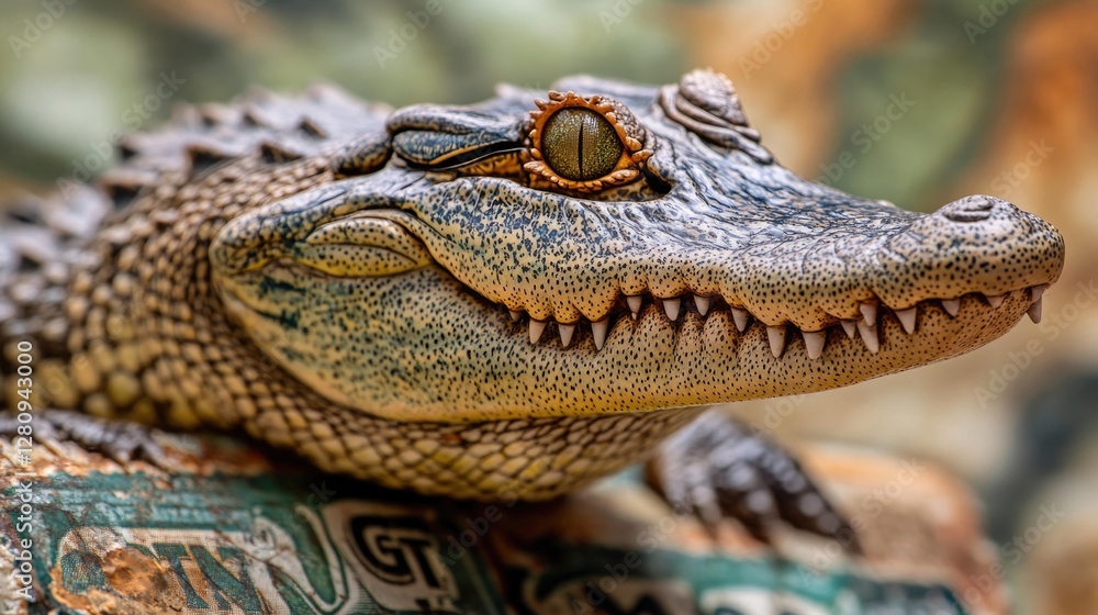 Fototapeta premium Smiling crocodile wearing glasses, posing against green background.
