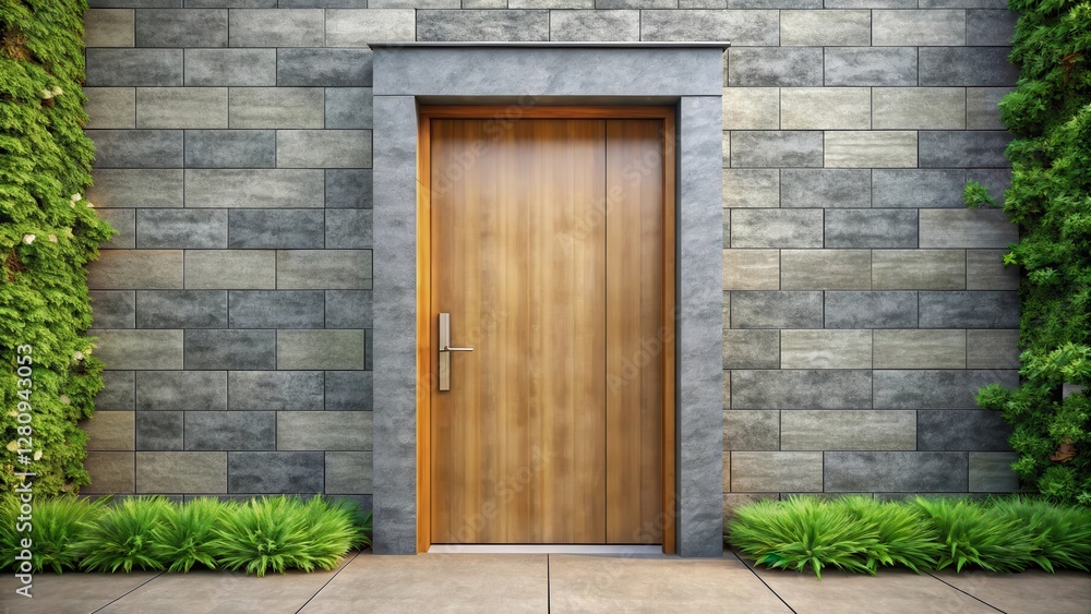 Modern sleek front door with wooden frame and brass hardware, set against a minimalist backdrop of gray stone wall and lush greenery, greenery, brass hardware Modern sleek front door with wooden frame and brass hardware, set against a minimalist backdrop of gray stone wall and lush greenery, greenery, brass hardware