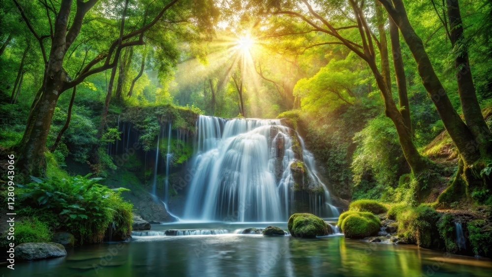 Waterfall cascading through dense forest canopy with sunlight filtering through leaves , serene atmosphere, outdoor scene