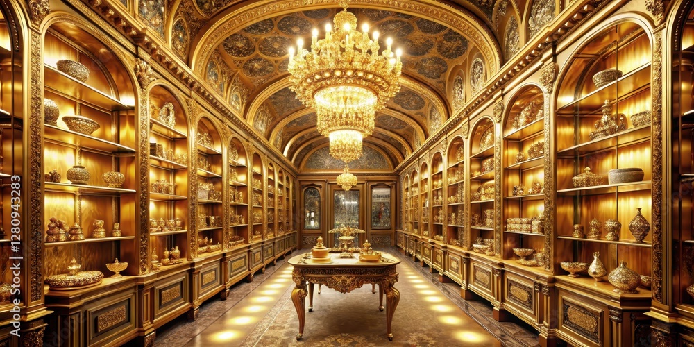 Obraz premium Luxurious gold treasure room with glittering jewels and precious artifacts displayed on velvet shelves , magnificent vaults, jewels and artifacts