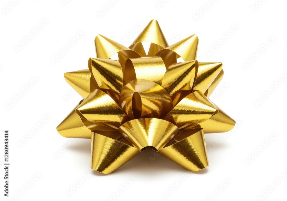 A metallic gold gift bow with a glossy finish isolated on a white background