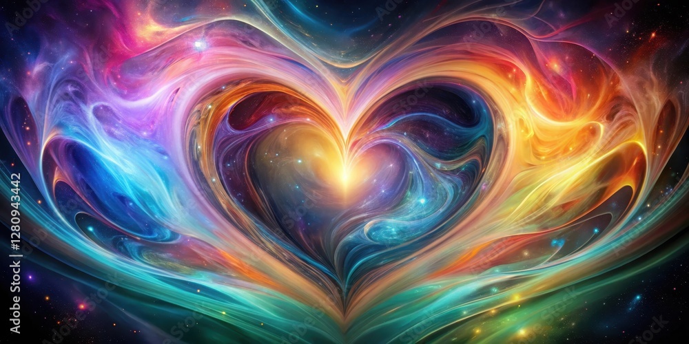 Obraz premium An abstract representation of a heart shape is composed of swirling, iridescent colors that evoke a sense of cosmic energy and celestial connection , cosmic, energy