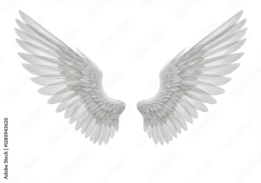 Naklejka premium A pair of detailed pure white feathered angel wings, isolated on a white background