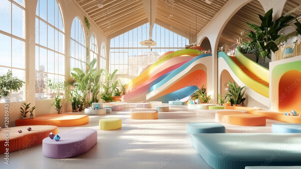 Fototapeta premium Colorful Playroom Interior Design with Rainbow Slide and Modern Furniture