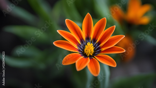 A close up of a single orange flower with a yellow center