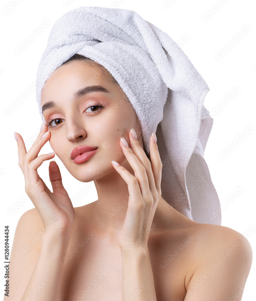 Beautiful girl with thick eyebrows and perfect skin at white background, towel on head, beauty photo. Beautiful girl with thick eyebrows and perfect skin at white background, towel on head, beauty photo.
