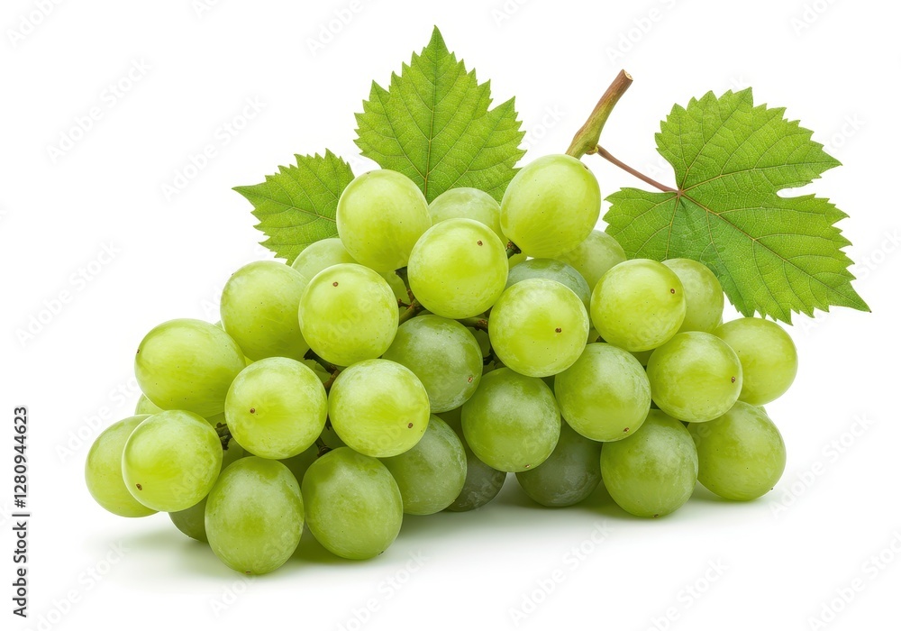 A bunch of fresh green grapes with attached leaves isolated on a white background A bunch of fresh green grapes with attached leaves isolated on a white background
