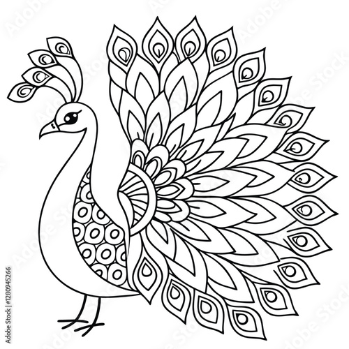 Peacock Coloring Page: Intricate Bird Design, Detailed Feathers, Printable Art for Adults & Kids, Mandala Style, Relaxation & Creativity