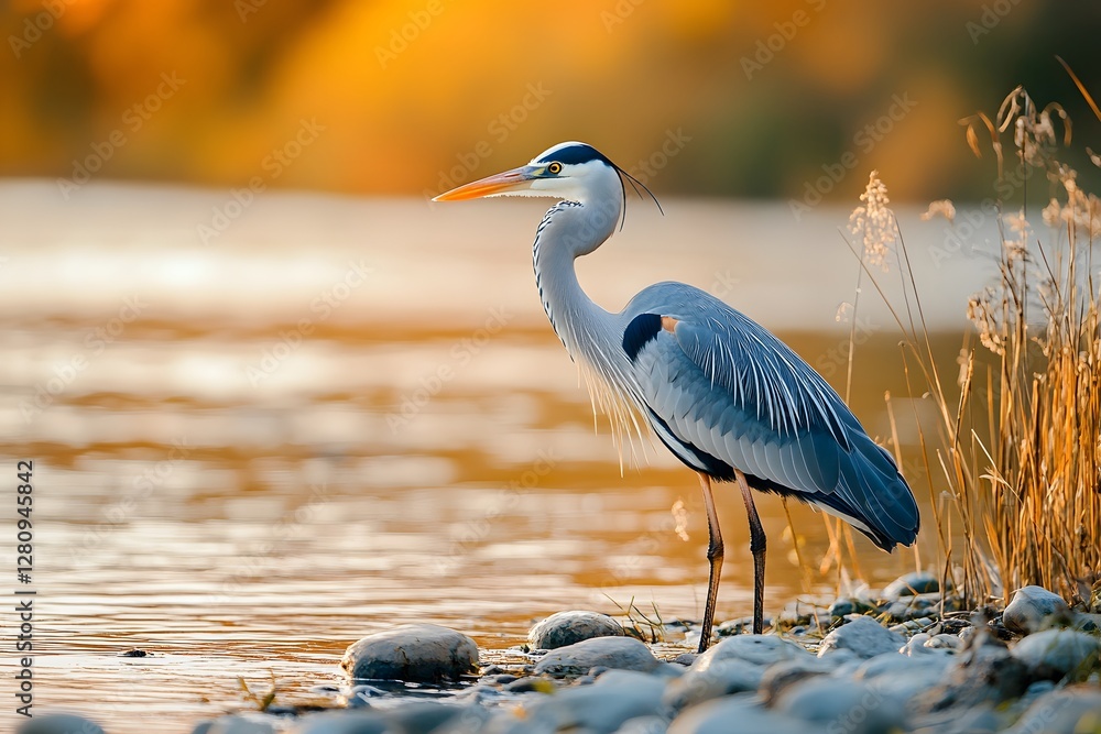 Naklejka premium Beautiful gray heron in the golden hour, standing on the shore of an autumn lake with reeds and rocks, Generative AI