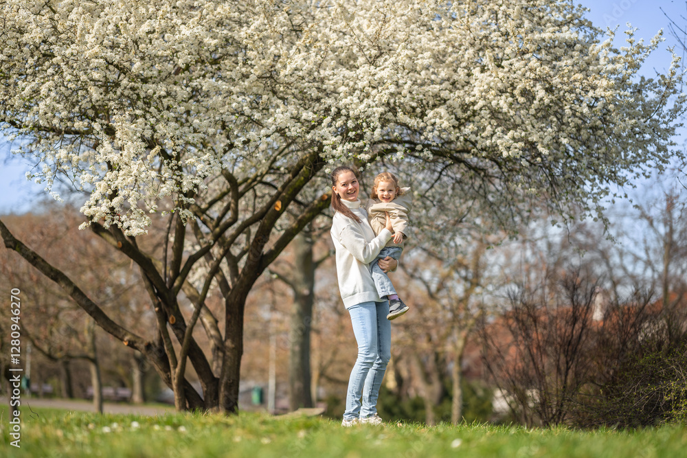 Young mother and her cute daughter having a fun in spring time park in Prague, Europe Young mother and her cute daughter having a fun in spring time park in Prague, Europe