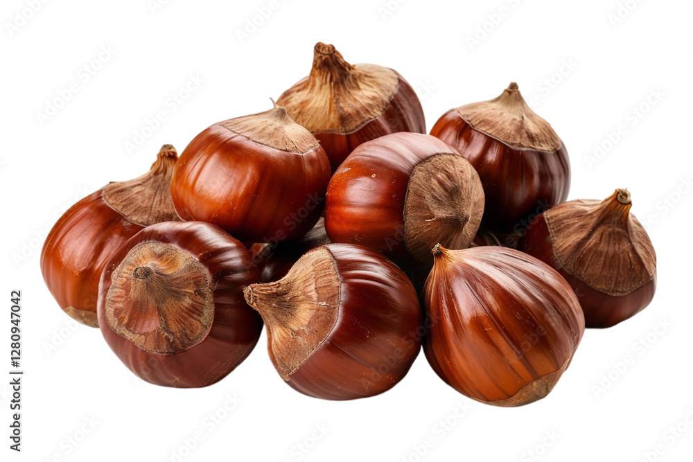 A close view of a pile of chestnuts isolated on a plain background or PNG for food type poster or graphic use, Generative AI. A close view of a pile of chestnuts isolated on a plain background or PNG for food type poster or graphic use, Generative AI.