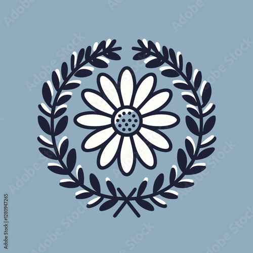 Floral Emblem with Elegant Daisy and Leaf Wreath - Vector Art