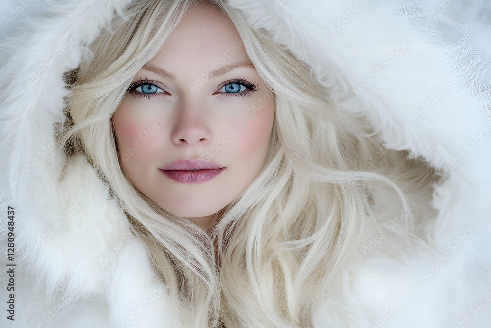 A beautiful woman with blonde hair and blue eyes, wearing an elegant white fur coat with feathers on the hood. She is looking at the camera in soft focus, Generative AI A beautiful woman with blonde hair and blue eyes, wearing an elegant white fur coat with feathers on the hood. She is looking at the camera in soft focus, Generative AI