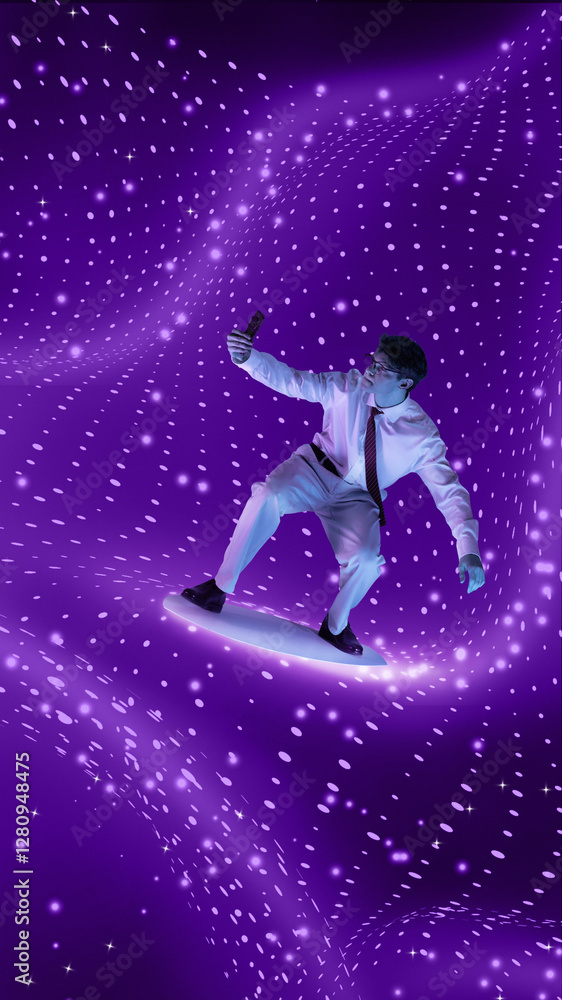 Man balancing on glowing purple mesh, reflecting hi-tech business agility, digital evolution, programming innovation, innovative vision. Digital art, technology, business, science concept.